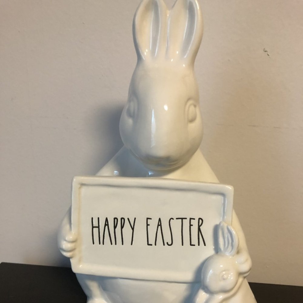 Rae Dunn Easter Bunny Holding sign "Happy Easter"